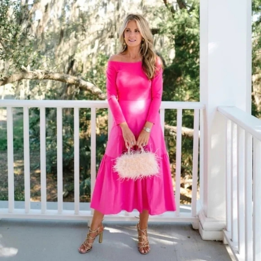 Tuckernuck x Cameran Eubanks Wimberly camellia pink off-shoulder midi dress